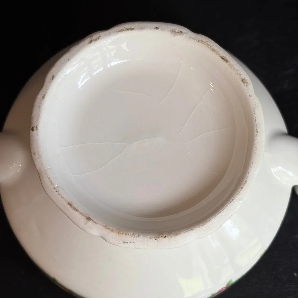 Antique Floral Porcelain Lidded Sugar Bowl Gold Gilt Trim Footed Tea Server